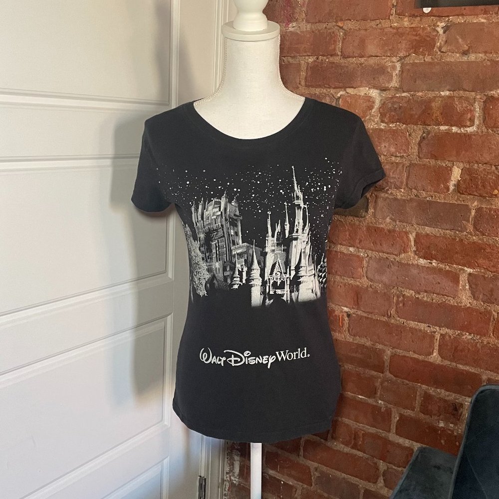Disney Parks Walt Disney Word Black and White Sparkle Graphic Tee Shirt